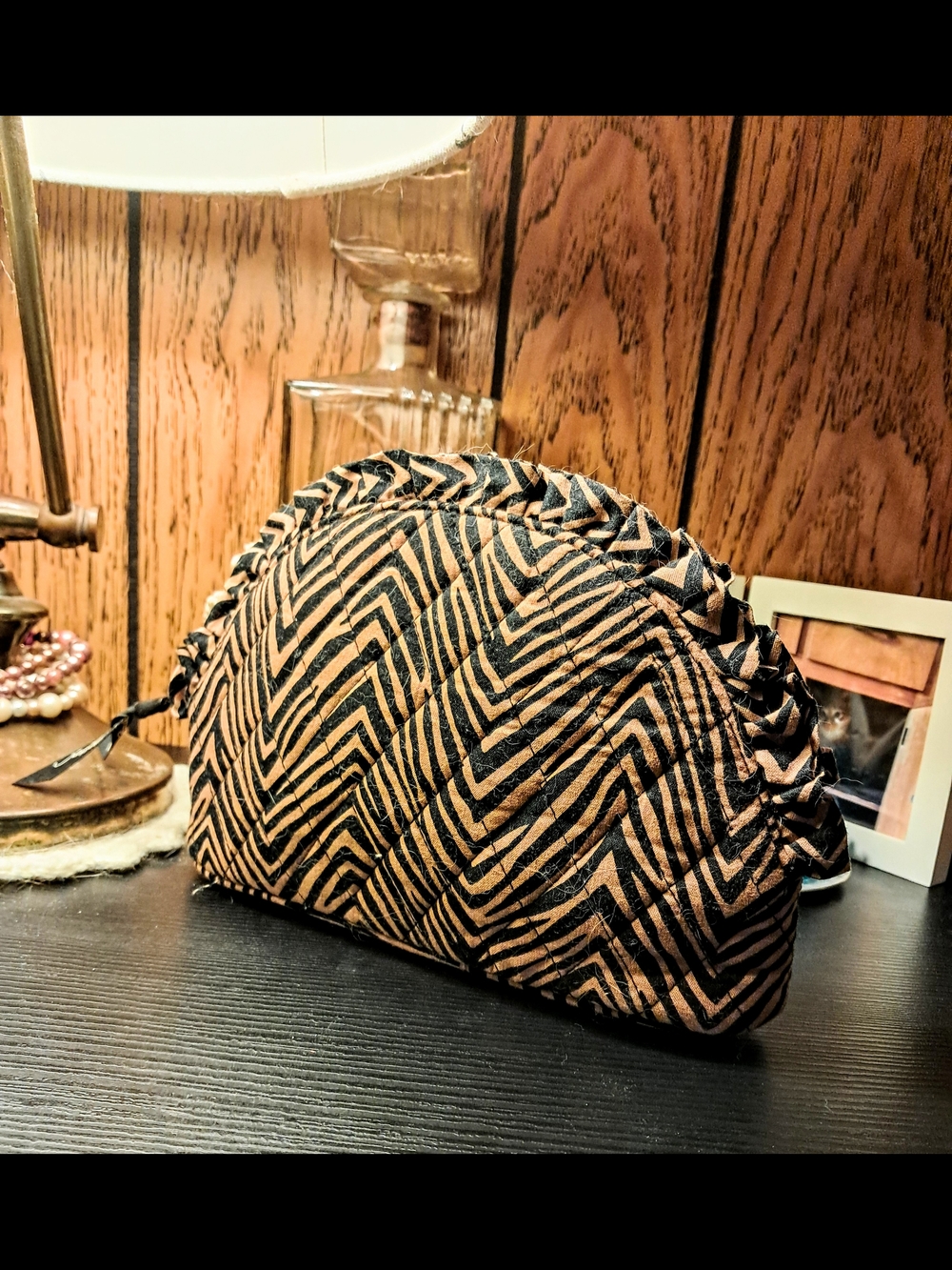 Retired Vera Bradley Tan & Black Zebra Print Quilted Ruffle Pouch